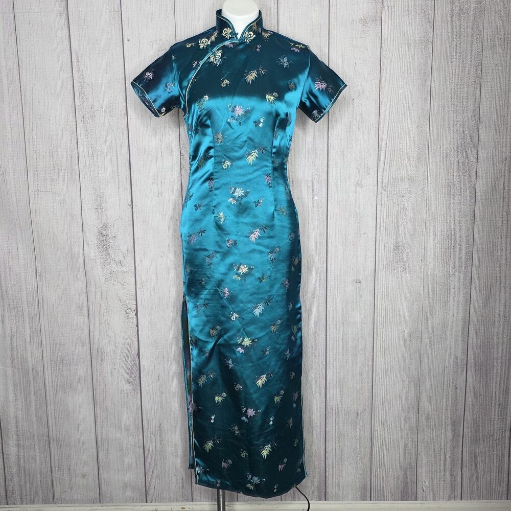 Vintage Teal Floral Brocade Qipao Cheongsam Dress - Size 36(Small)